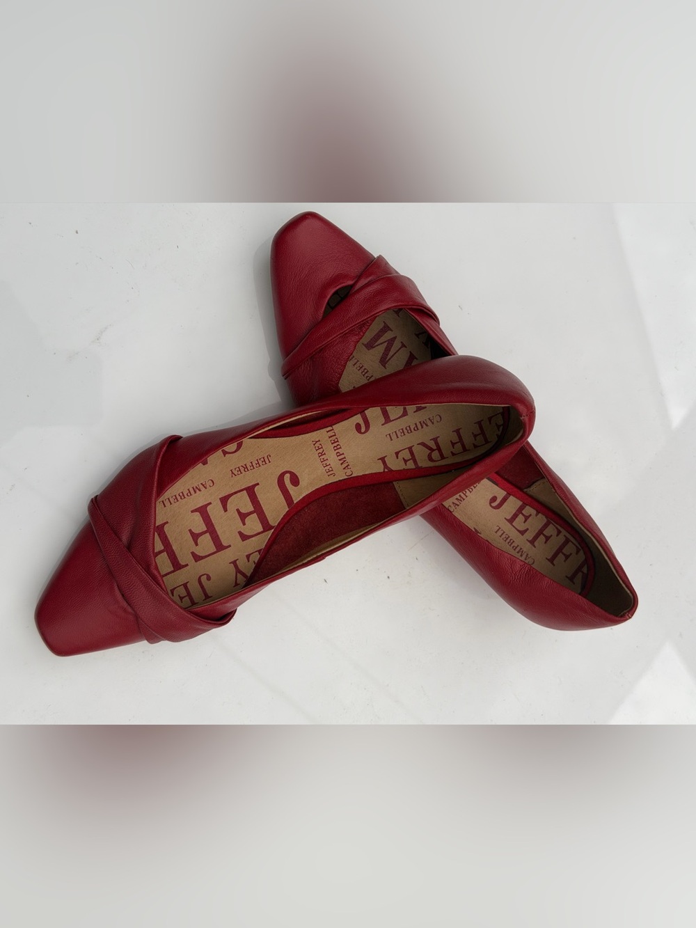 Jeffrey Campbell Red Pointed-Toe Leather Flats with Twist Detail